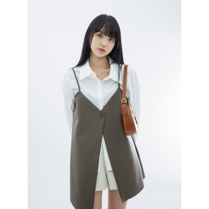 One Button Faux Leather Mini Dress OS29
