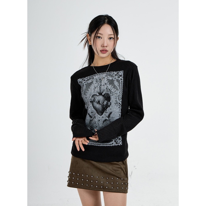 Round Neck Printed Knit CO07|White|Black|S/M