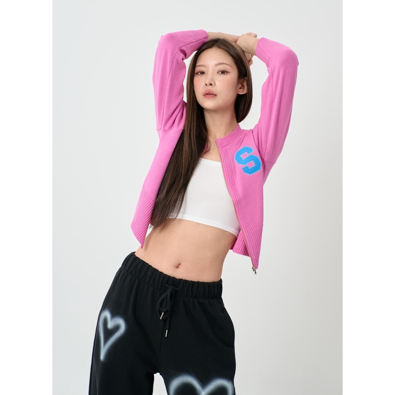 S Lettering Knit Long Sleeve Zip Up IS06