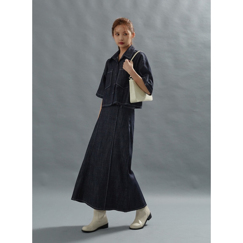 Stich Denim Long Skirt With Belt Set CG01