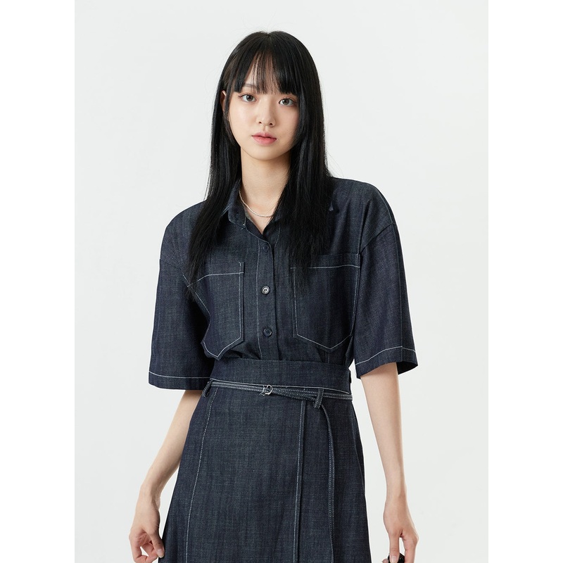 Stitch Denim Set-Up Blouse with Pocket OG23