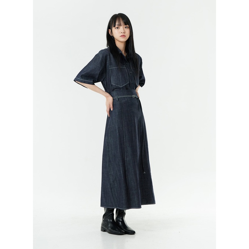 Stitch Denim Set-Up Long Skirt with Belt OG23