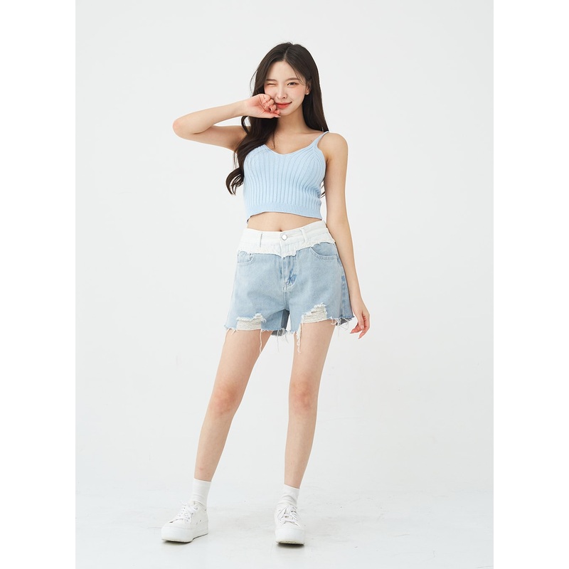 Two-Tone Distressed Denim Shorts BG12