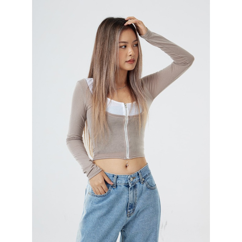 Two Tone Zip-Up Cropped Top CG31