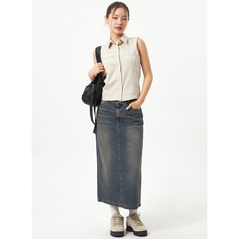 Back Slit Denim Maxi Skirt CD23