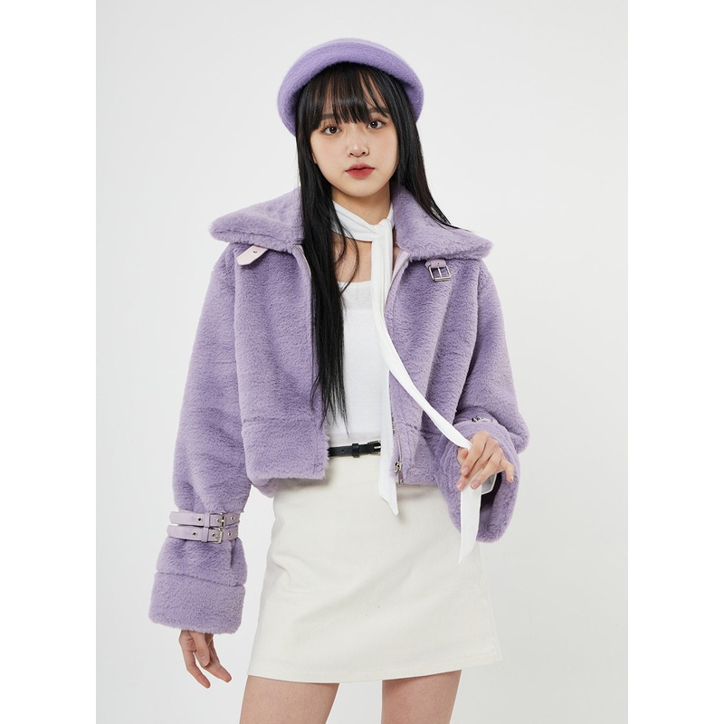 Buckle Soft Fur Crop Shearling Jacket BN04