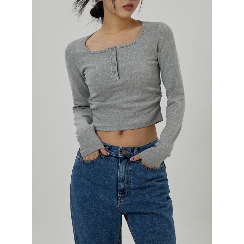 Button Neck Long Sleeve Cropped Top CD21
