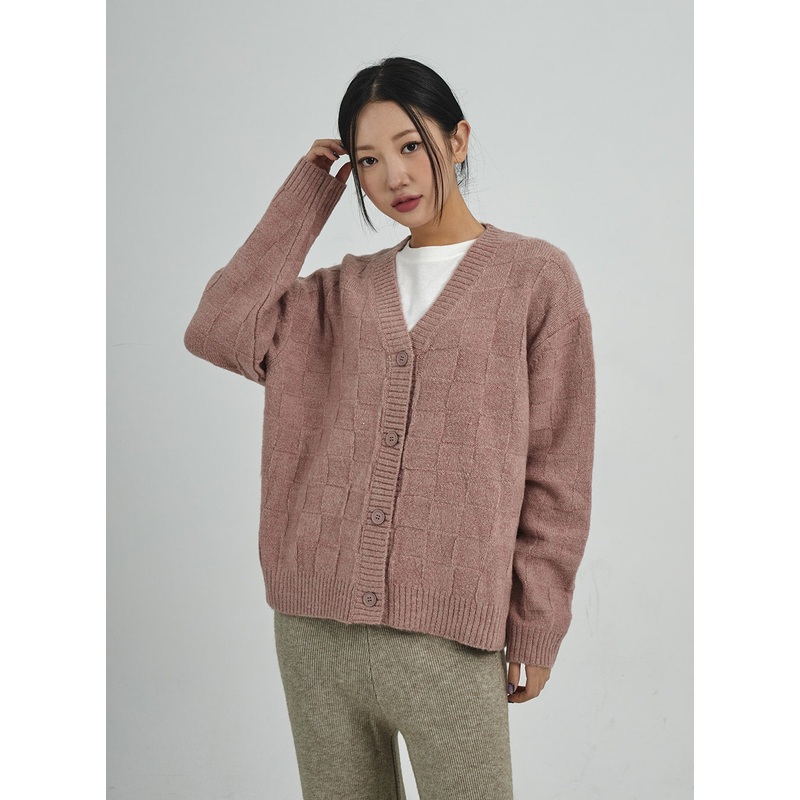 Check Pattern V-Neck Knit Cardigan CD09