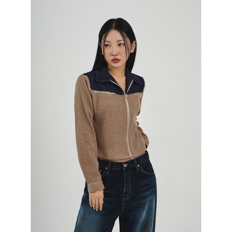 Denim Knit Zipper Jacket CN30|Dark Beige|Black|S/M