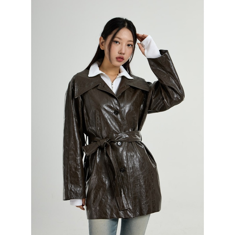 Faux Leather Trench Coat And Belt Ribbon Set CO26