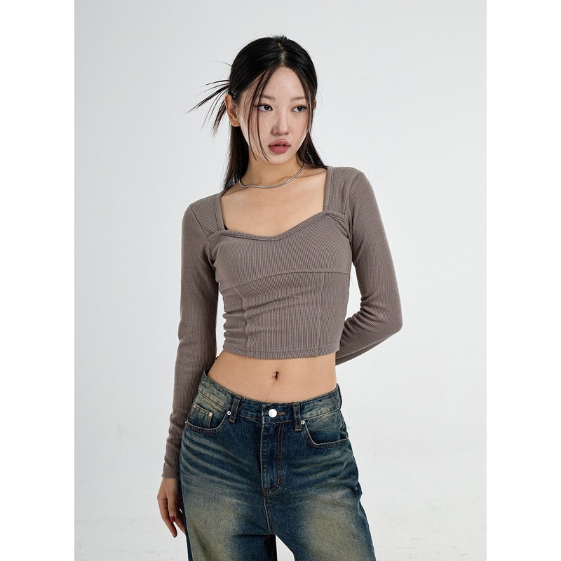 Heart Neck Crop T-Shirt CO11|Light Beige|Dark Pink|Dark Beige|Black|S