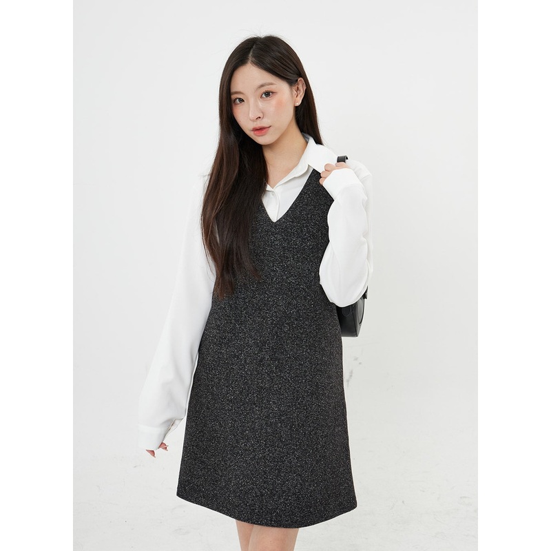 Mixed Color V-Neck Wool Dress BO21