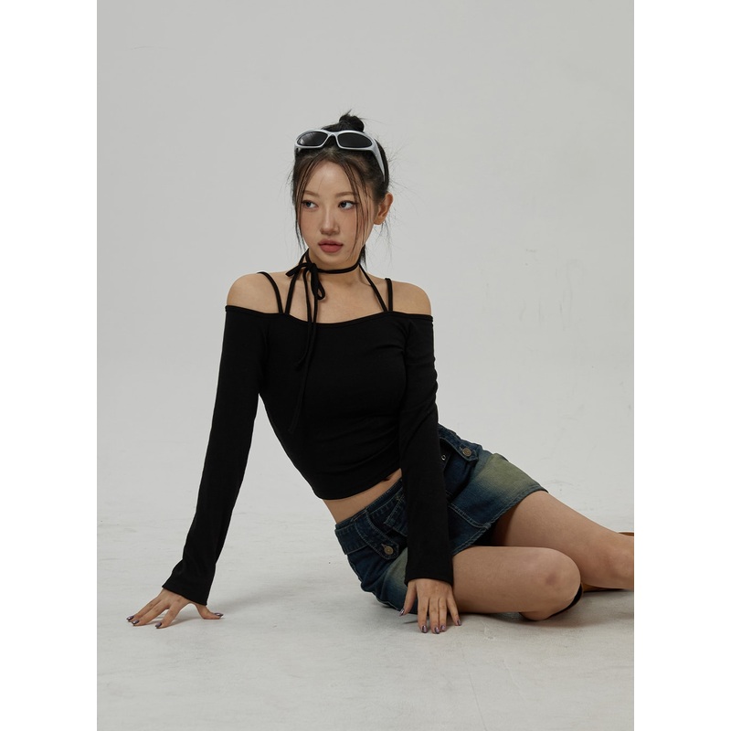 Neck Ribbon Detail Long Sleeve Cropped Top CD21