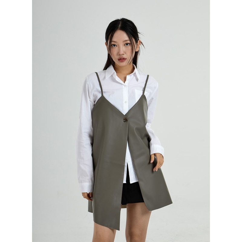 One Button Layered Faux Leather Dress CO24