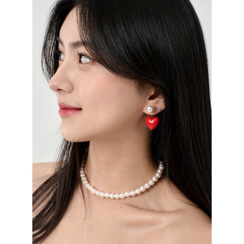 Pearl Red Heart Earrings BD09|Red|One Size