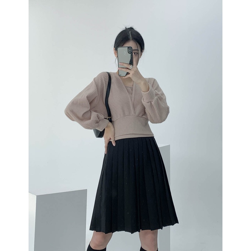 Pleated Midi Skirt CN17|Black|Gray|Beige|S