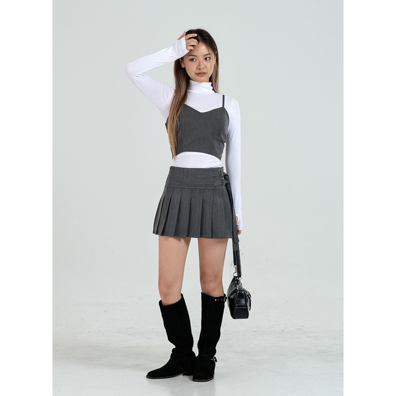 Pleated Side Belt Mini Skirt CO12