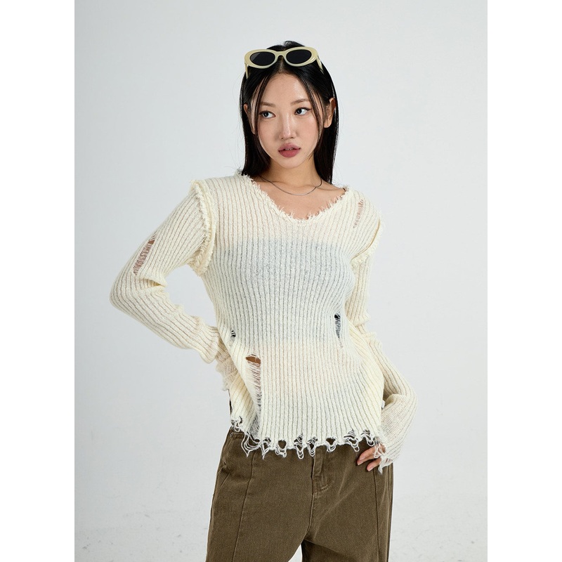Ripped V-Neck Knit Top CO13|Light Beige|Gray|Black|S/M