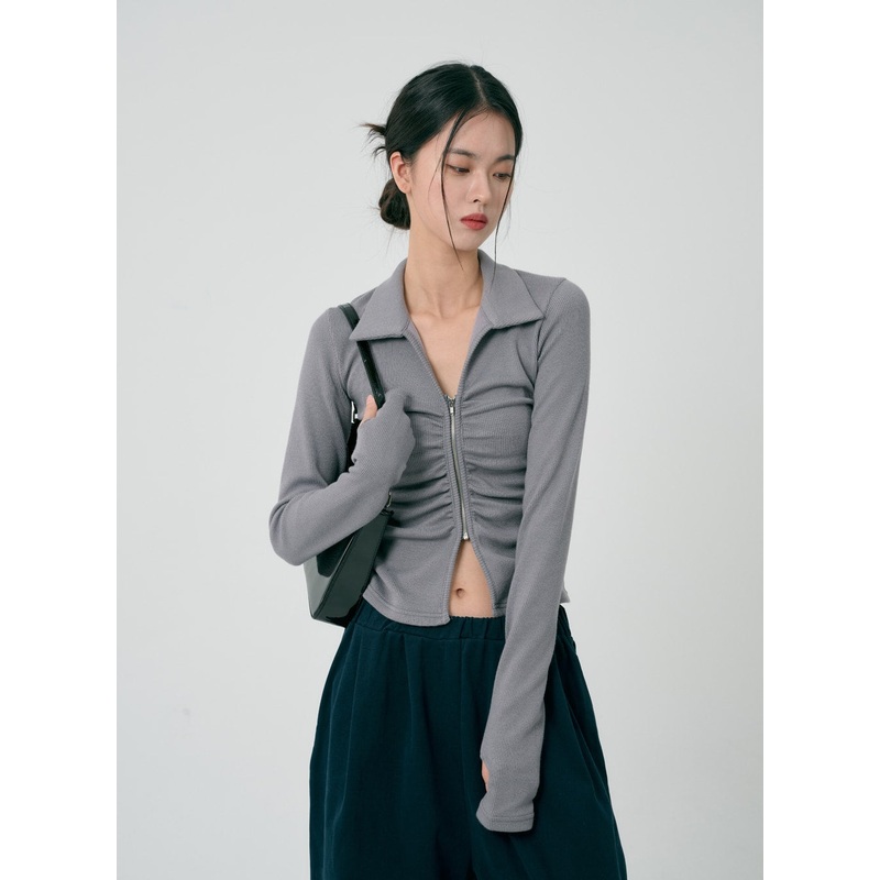 Ruffle Zipper Long Sleeve Top ID08