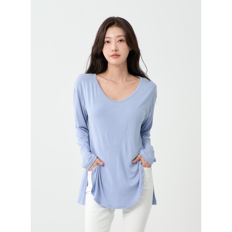 V-Neck Long T-Shirt IO14|White|Beige|Pink|Light green|Light blue|Gray|Black|S