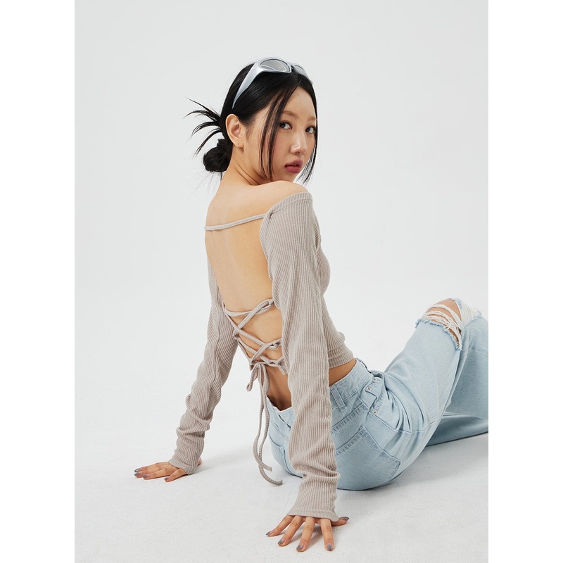 Back Tie Ribbed Knit Top CF316