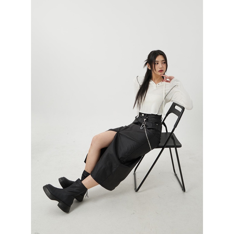 Faux Leather Front Slit Maxi Skirt BJ319