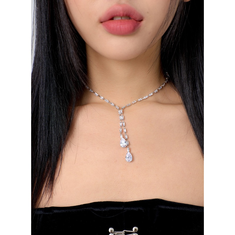 Gemstone Drop Necklace BJ331|Light gray|Dark yellow|One Size