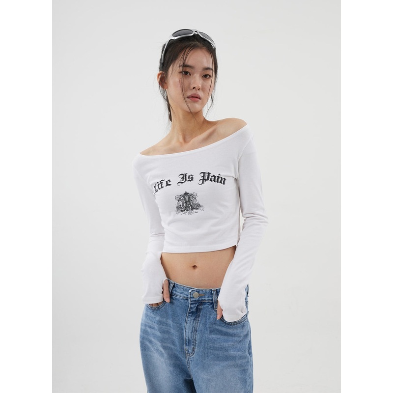 Graphic Off-Shoulder Warmer Cropped Top CJ310