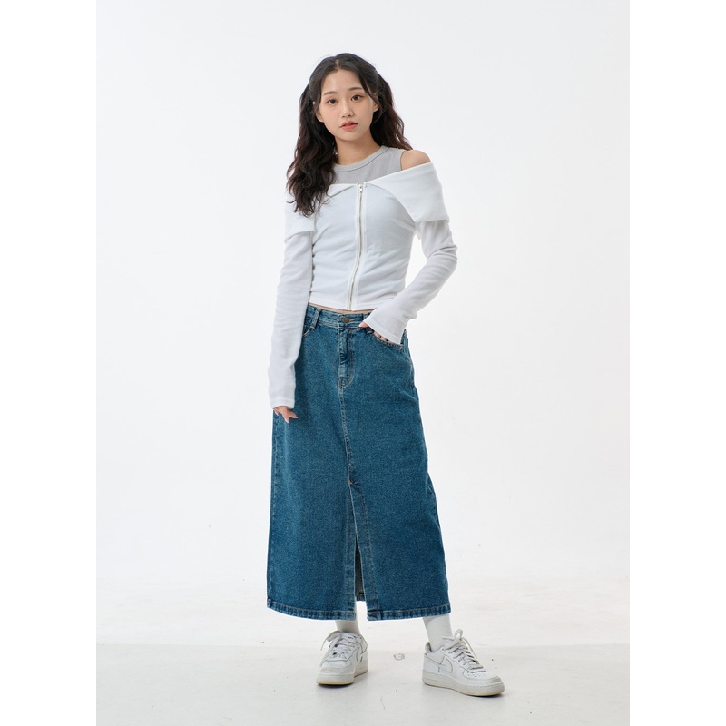 Mid-Wash Front Slit Denim Maxi Skirt BJ327