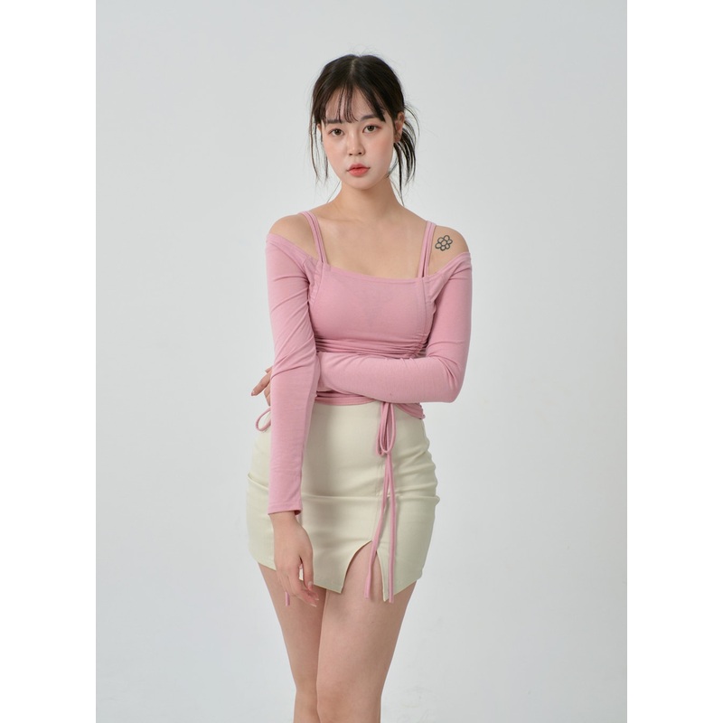 Off-Shoulder Double Front Tie Ruched Top IJ304
