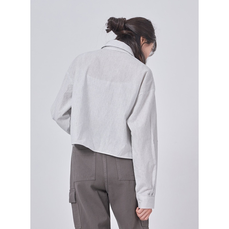 Pinstripe Cropped Shirt IF324|Dark Beige|Light Gray|S/M