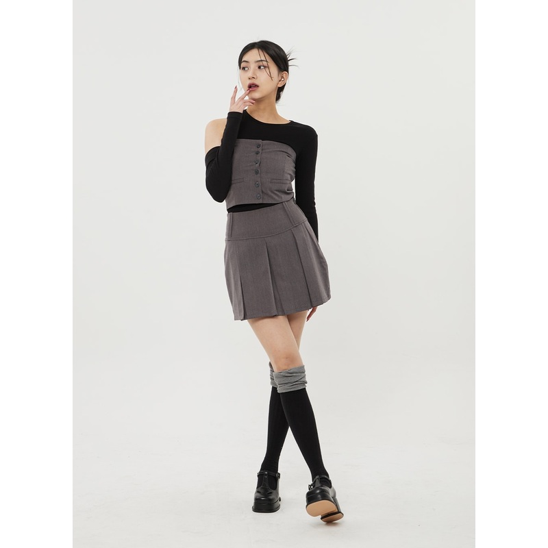 Pleated Mini Skirt BF314|Dark gray|Black|S|M