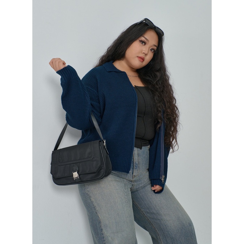 Plus Waffle Pattern Collared Two Way Zip-Up Knit