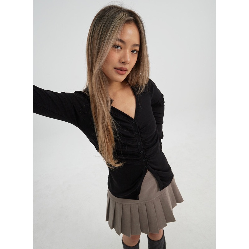 Ruffle Bust Button V-Neck Top CJ325