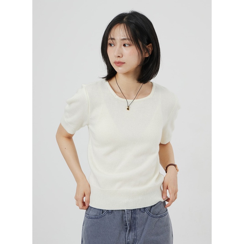 Short Sleeve Sweater OM302|Light beige|Beige|Light blue|Black|S/M