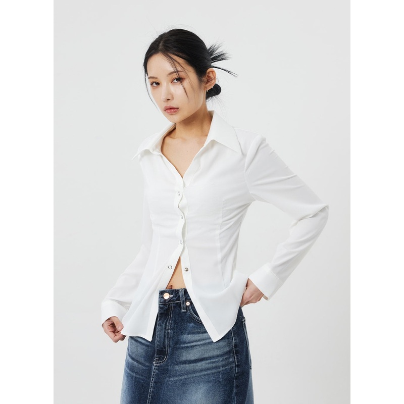 Snap Button Blouse CF321|White|Black|S/M