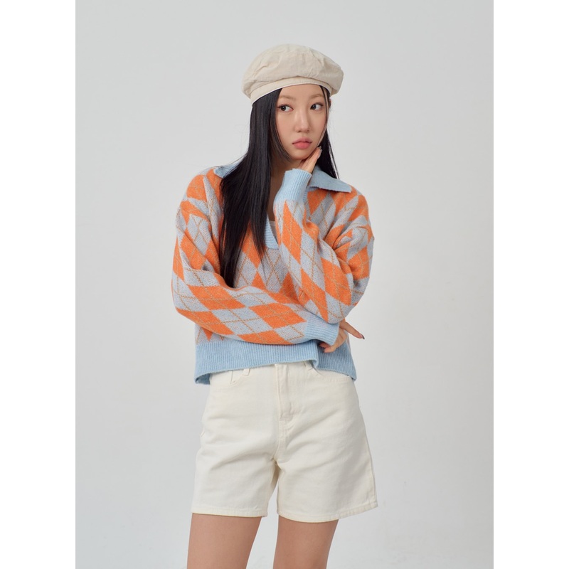 Argyle Pattern Sweater IM315|Light beige|Light blue|Dark blue|S/M