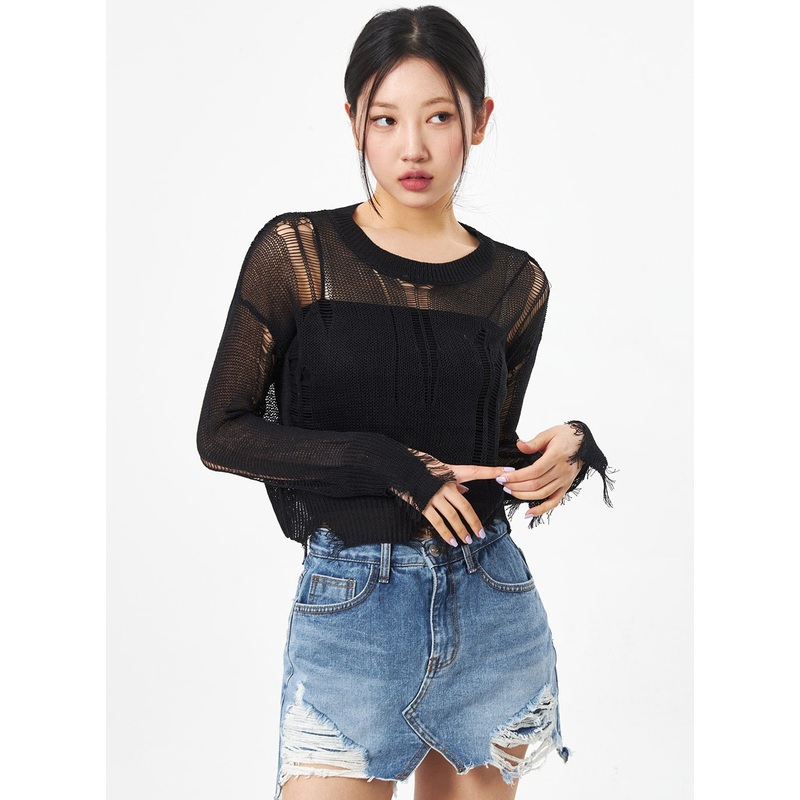 Crewneck Ripped Sweater CA307|Light beige|Black|S/M