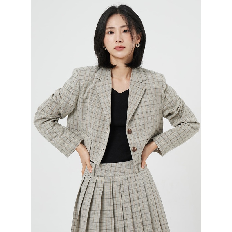 Cropped Plaid Jacket OM327|Beige|Brown|S/M