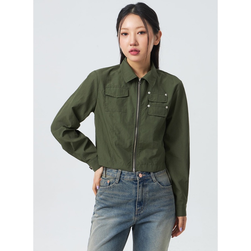 Cropped Zip-Up Jacket CM329|Dark green|Black|S/M