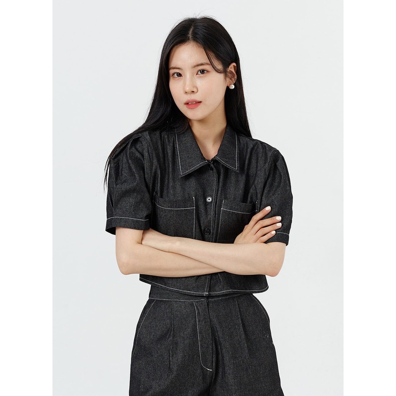 Denim Cropped Shirt OM317|Dark blue|Black|S/M