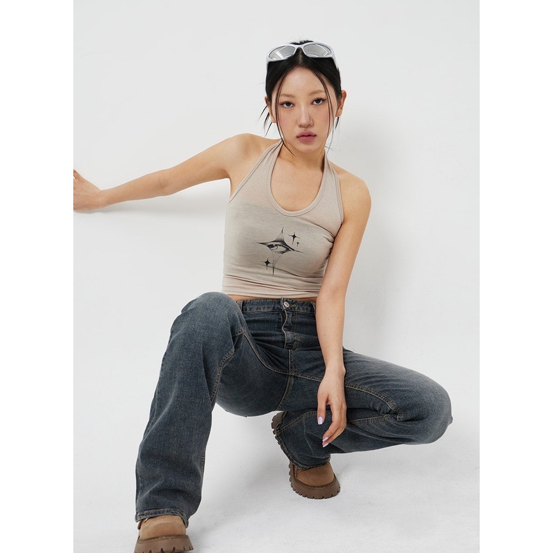 Graphic Neck Strap Top CM32|White|Beige|Black|S/M