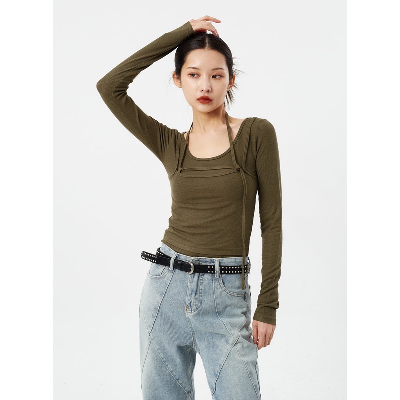Layered Neck Strap Top CM307|Light beige|Dark green|Black|S/M