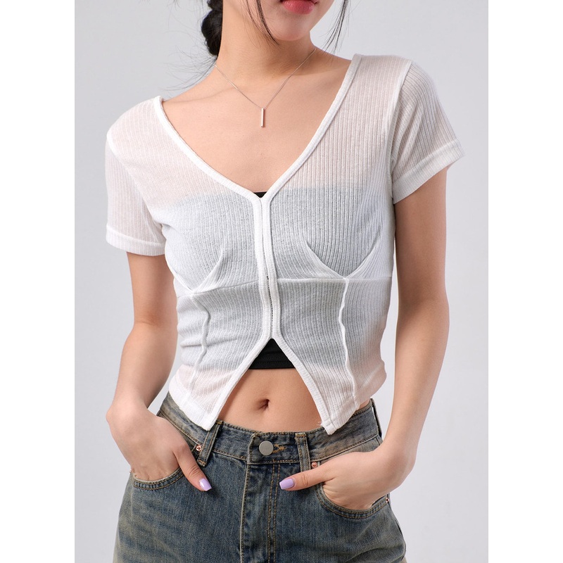 Mesh V-Neck Top IM329|White|Beige|Black|S/M