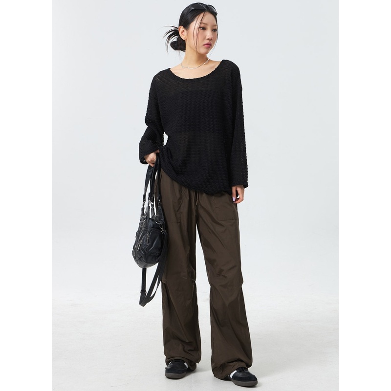Nylon Wide Track Pants CM330|Yellow|Dark blue|Dark brown|Black|M/L