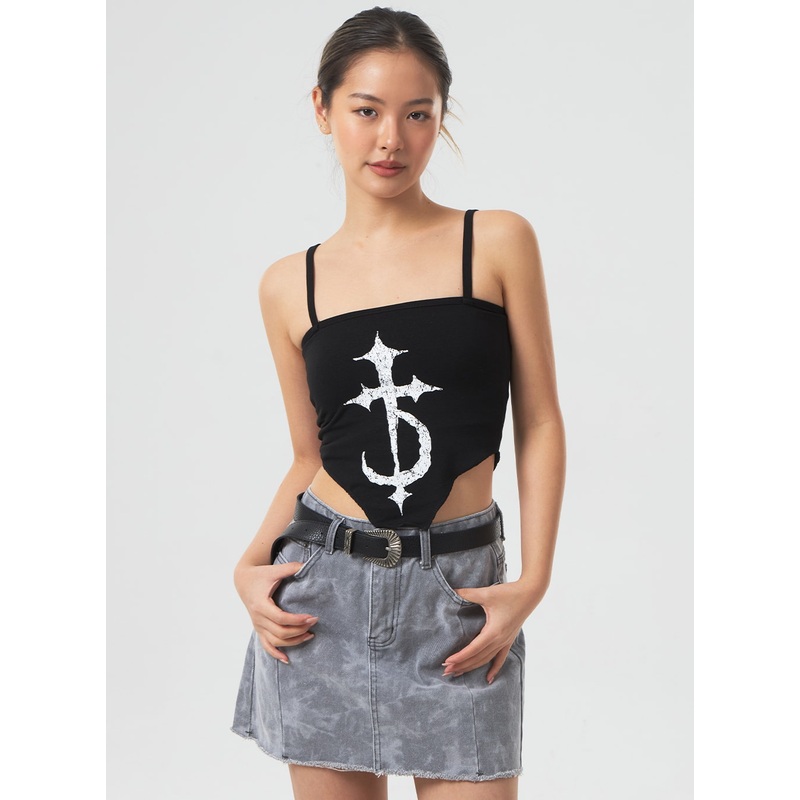 Thin Strap Graphic Top CM329|White|Dark gray|Black|S/M