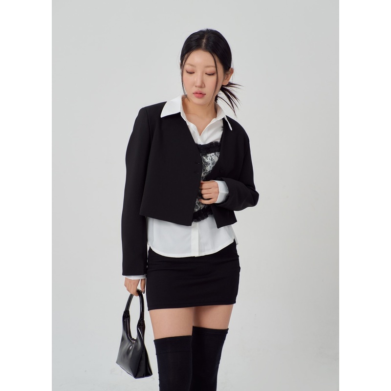 V-Neck Cropped Jacket IM316|Light beige|Black|S/M