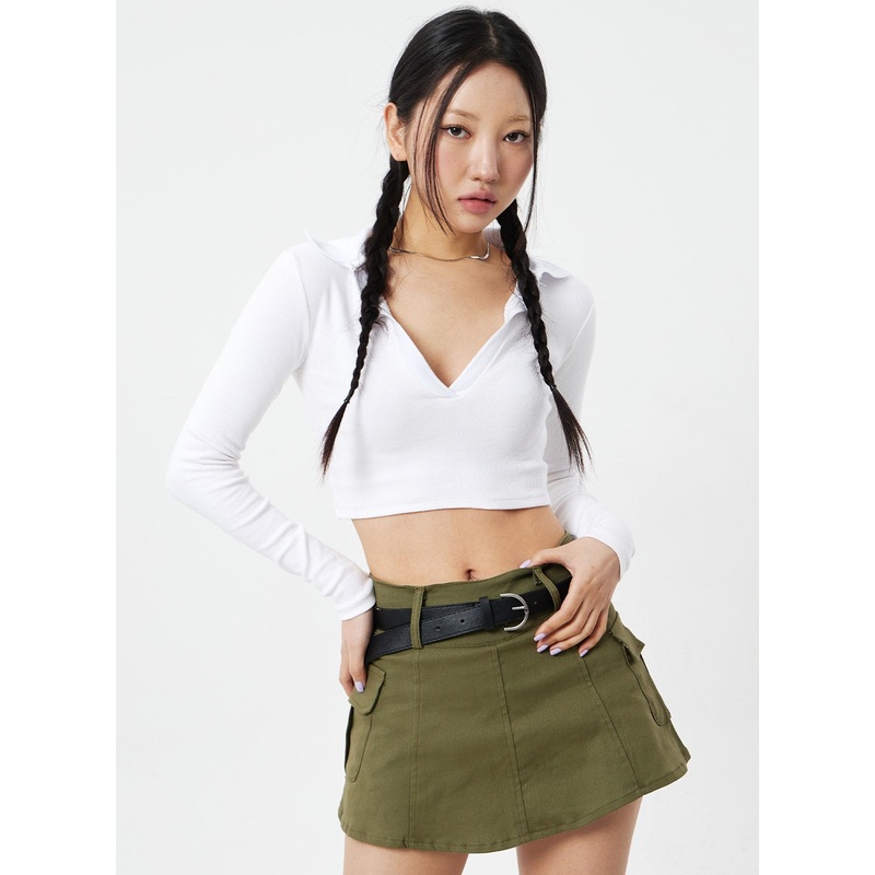 V-Neck Cropped Top CM327|White|Dark green|Black|S/M