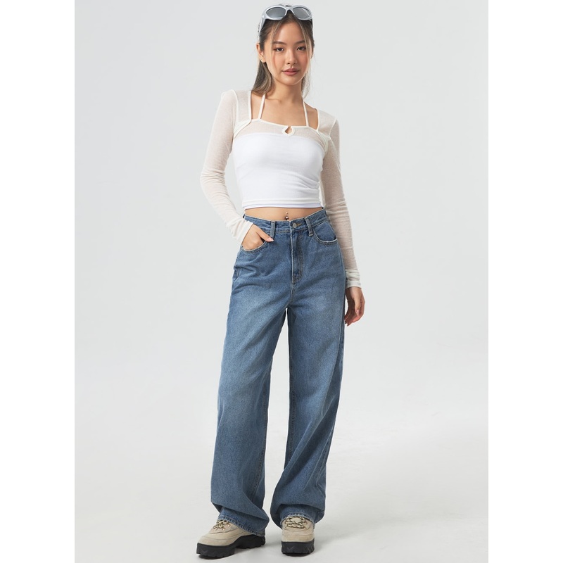 Wide Leg Mid-Wash Jeans CM331|Blue|S|M|L