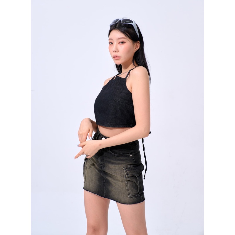 Back Tie Cropped Top IA324|Dark blue|Black|S/M